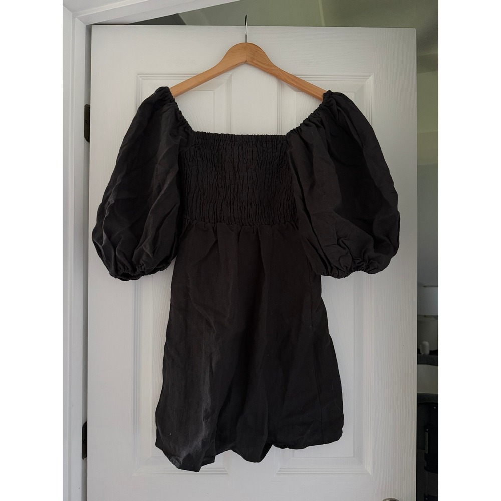 Tuckernuck Annie Mini Dress smocked bodice dramatic puff sleeves‎ black linen